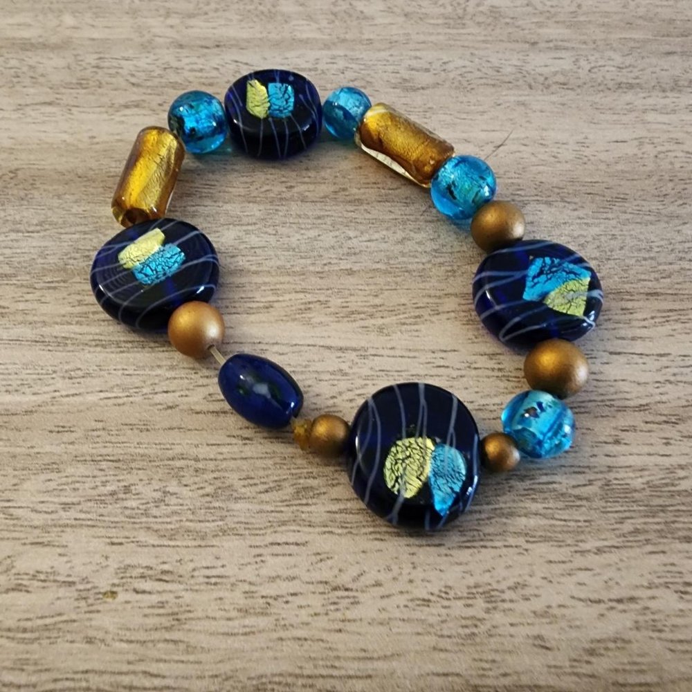 Blue and gold hand blown glass bead bracelet